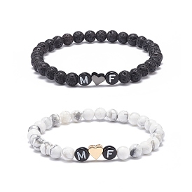 2Pcs 2 Style Natural Lava Rock & Howlite Stretch Bracelets Set, Heart & Word M and F Acrylic Beaded Couple Bracelets for Best Friends Lovers