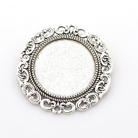 Flat Round Tibetan Style Brooch Cabochon Settings, with Iron Back Bar Pins, Cadmium Free & Lead Free, Tray: 25mm, 39x7mm