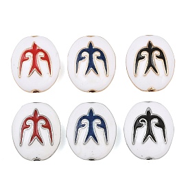 Brass Enamel Beads, Oval with Bird Pattern, Real 18K Gold Plated/Real Platinum Plated
