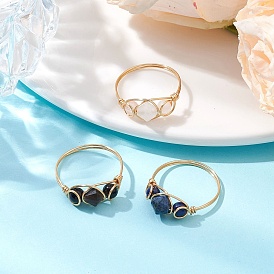 3Pcs 3 Styles Natural Sodalite & Rose Quartz & Obsidian & Lapis Lazuli Finger Rings, Copper Wire Wrapped Ring for Women