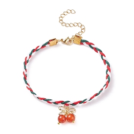 Round Natural Red Agate(Dyed & Heated) Beaded Bowknot Charm Bracelet, Christmas Braided Bracelet for Women