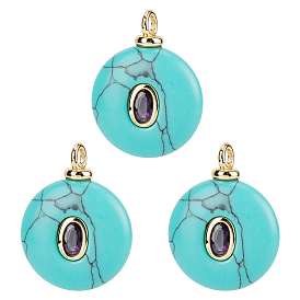 3Подвески из искусственной бирюзы шт., плоские круглые подвески с латунной микрофиброй и фианитами, реальный 18 k позолоченный, без кадмия и без свинца, стойки покрытие, долговечный