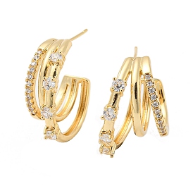 Brass Micro Pave Clear Cubic Zirconia Stud Earrings, Split Earrings