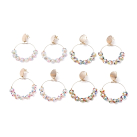 Handmade Seed Beaded Big Circle Drop Earrings, Sunflower Shell Pearl Dangle Stud Earrings for Beach Vacation, Golden
