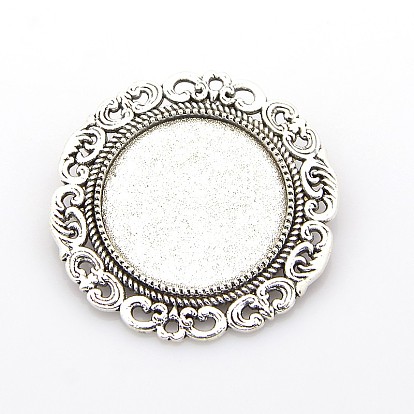 Flat Round Tibetan Style Brooch Cabochon Settings, with Iron Back Bar Pins, Cadmium Free & Lead Free, Tray: 25mm, 39x7mm