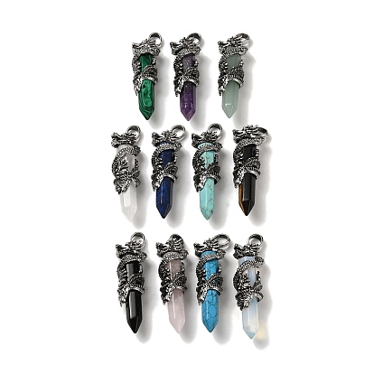 Gemstone Pointed Big Pendants, Faceted Bullet Charms with Rack Plating Antique Silver Plated Alloy Gragon, Cadmium Free & Lead Free