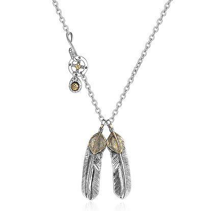 Vintage Feather Silver Necklace - Long Sweater Chain with Gold-Toned Hiroshi Takahashi Pendant.