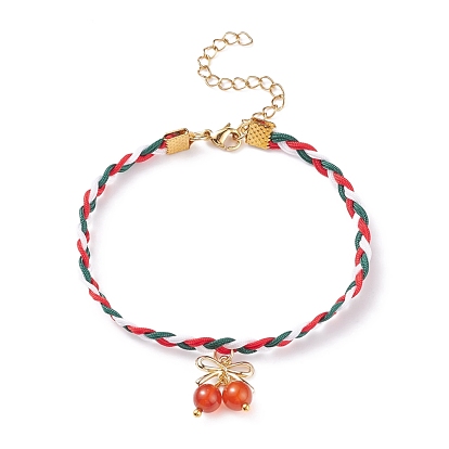 Round Natural Red Agate(Dyed & Heated) Beaded Bowknot Charm Bracelet, Christmas Braided Bracelet for Women