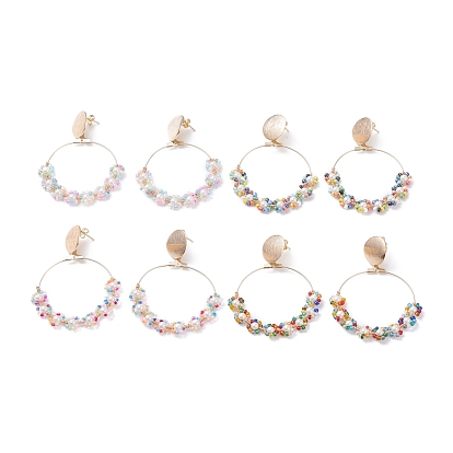 Handmade Seed Beaded Big Circle Drop Earrings, Sunflower Shell Pearl Dangle Stud Earrings for Beach Vacation, Golden
