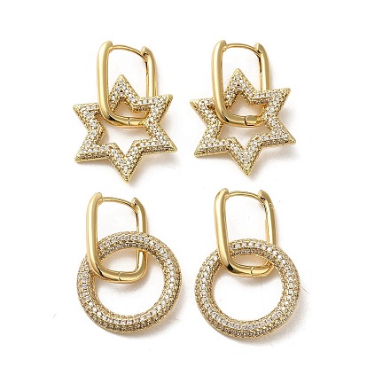 Golden Brass Micro Pave Cubic Zirconia Dangle Hoop Earrings