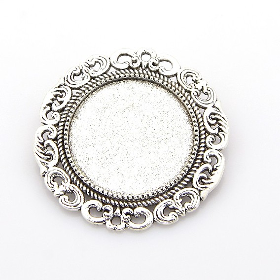 Flat Round Tibetan Style Brooch Cabochon Settings, with Iron Back Bar Pins, Cadmium Free & Lead Free, Tray: 25mm, 39x7mm
