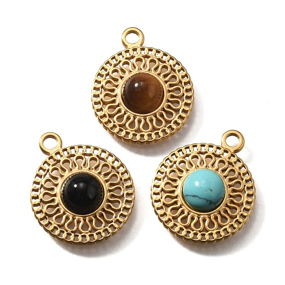 Драгоценный камень подвески, плоские круглые прелести, с 304 установками из нержавеющей стали, золотые