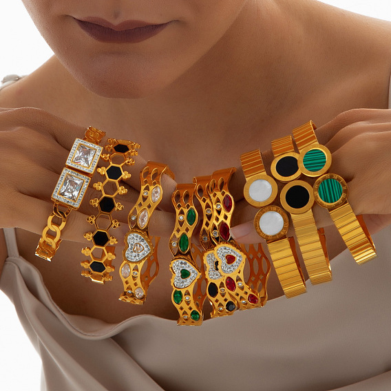 304 браслеты из нержавеющей стали с кубическим цирконием и акрилом, шарнирные браслеты для женщин