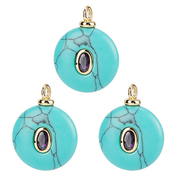 3Подвески из искусственной бирюзы шт., плоские круглые подвески с латунной микрофиброй и фианитами, реальный 18 k позолоченный, без кадмия и без свинца, стойки покрытие, долговечный