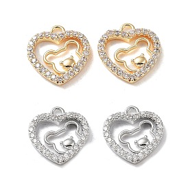 Rack Plating Brass Micro Pave Cubic Zirconia Pendants, Heart with Bear Charm