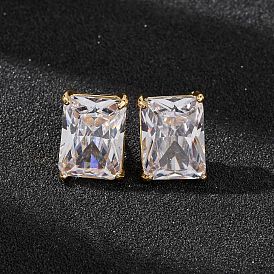 Женские серьги-гвоздики из латуни с прозрачным фианитом, прямоугольные