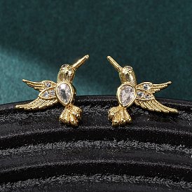 Серьги-гвоздики из латуни с микропаве в виде птиц, инкрустированные прозрачными кубическими циркониями., стойки покрытие, долговечный, без кадмия и без свинца