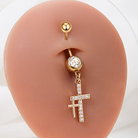 Двойной крест 304 изогнутая штанга из нержавеющей стали с прозрачным кубическим цирконием, подвесные кольца для живота