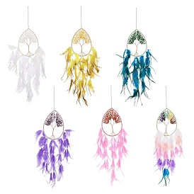 Wire Wrapped Natural Gemstone Chip Teardrop with Tree of Life Wind Chime, Feather Tassel for Home Window Hanging Ornaments