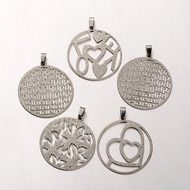 Mixed Filigree Flat Round304 Stainless Steel Textured Pendants, 39x36x1mm, Hole: 3x5mm