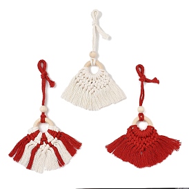 Handmade Macrame Nylon Thread Pendant Decorations with Wood Beads, for Bag or Keychain Ornaments, Fan