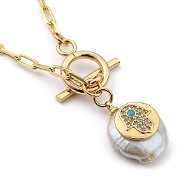Brass Pendant Necklaces, with Natural Pearl, Cubic Zirconia, and 304 Stainless Steel Lobster Claw Clasps, Flat Round with Hamsa Hand & Cross
