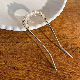 Pearl and Rhinestone Hair Forks, with Alloy Forks, U-shape, Hair Accessories for Women Girl