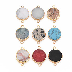Natural Mixed Stone Connector Charms, with Light Gold Plated Brass Loops, Flat Round
