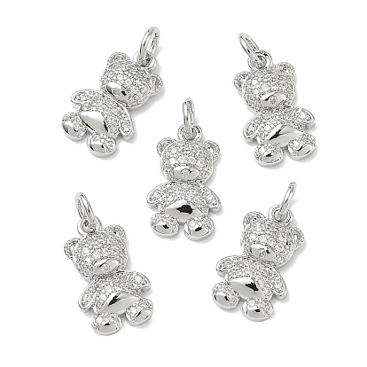 SHEGRACE Brass Micro Pave Clear Cubic Zirconia Pendants, Bear Charms, Cadmium Free & Nickel Free & Lead Free