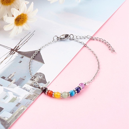 Chakra Jewelry, Natural & Synthetic Gemstone Beaded Bracelets, with 304 Stainless Steel Cable Chains, Round, Stainless Steel Color