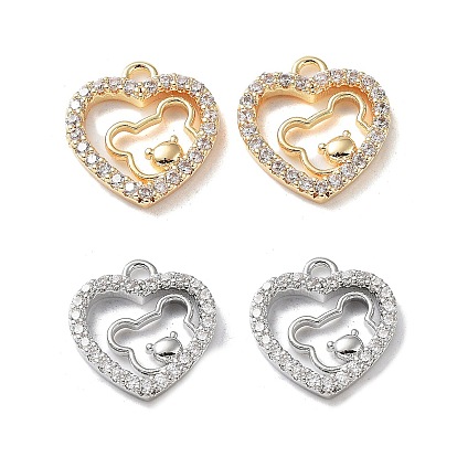 Rack Plating Brass Micro Pave Cubic Zirconia Pendants, Cadmium Free & Nickel Free & Lead Free, Heart with Bear Charm