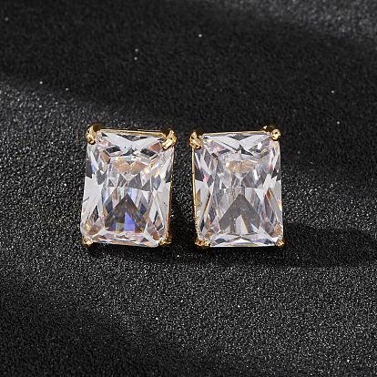 Женские серьги-гвоздики из латуни с прозрачным фианитом, прямоугольные