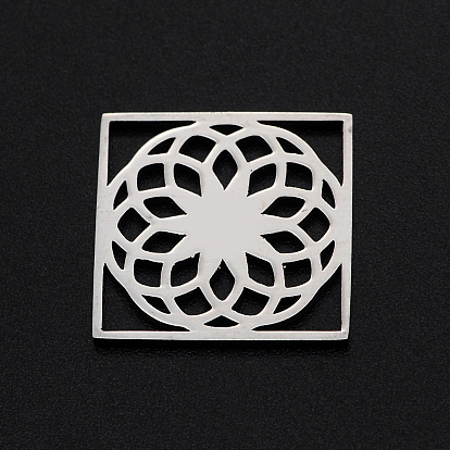 201 Stainless Steel Filigree Joiners Links, Laser Cut, Square with Flower of Life