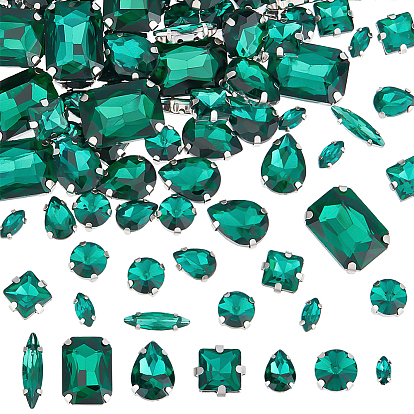 140шт 7 стили пришить стеклянные стразы, многожильных ссылки, настройки латунных зубцов платинового тона, аксессуары для одежды, граненые, разнообразные