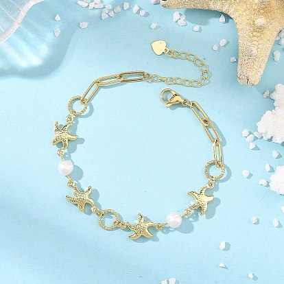 Ocean 304 Stainless Steel Starfish Link Chain Bracelets with Natuarl Pearl for Women, White