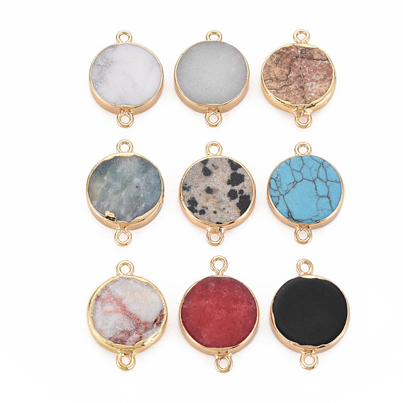 Natural Mixed Stone Connector Charms, with Light Gold Plated Brass Loops, Flat Round