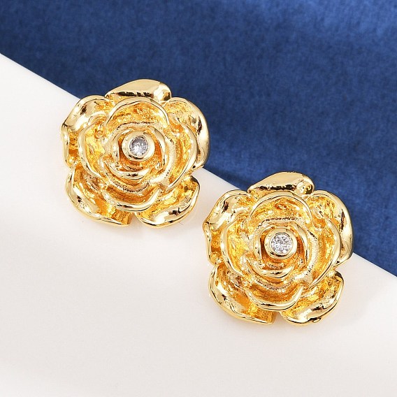 Серьги-гвоздики из латунного микро-паве, цветок розы