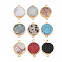 Natural Mixed Stone Connector Charms, with Light Gold Plated Brass Loops, Flat Round