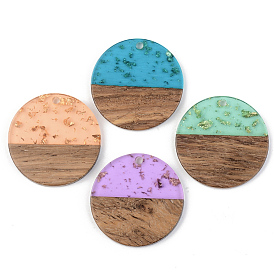 Transparent Resin & Walnut Wood Pendants, with Gold Foil, Flat Round