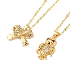 Brass Micro Pave Cubic Clear Zirconia Pendants Necklaces, Curb Chain Necklaces, Real 18K Gold Plated