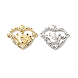 Brass Micro Pave Clear Cubic Zirconia Connector Charms, Heart Links with Crown