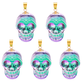 BENECREAT 5Pcs Electroplate K9 Glass Pendants, with Golden Plated Brass Bails, Skull, Halloween