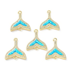 Rack Plating Brass Micro Pave Clear Cubic Zirconia Connector Charms, Fishtail Links with Cyan Synthetic Opal, Cadmium Free & Lead Free, Long-Lasting Plated