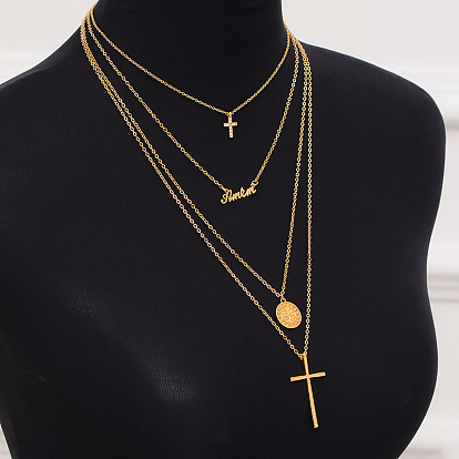Geometric Circle Cross Necklace with Sparkling Diamonds - Fashionable Multi-Layered Accessory