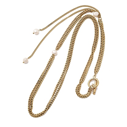 304 нержавеющая сталь 2 цепочные ожерелья из витой цепи для женщин, с кисточкой из натурального жемчуга, ионное покрытие (ip), цветочный белый