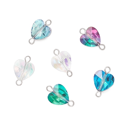 Прозрачные стеклянные сердечки-ссылки-соединители-шармы, с 304 двойными петлями из нержавеющей стали, цвет нержавеющей стали