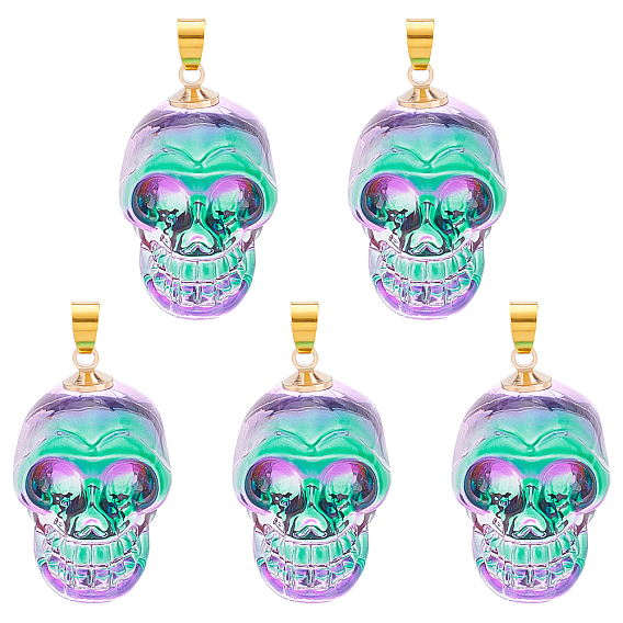 5Pcs Electroplate K9 Glass Pendants, with Golden Plated Brass Bails, Skull, Halloween