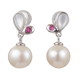 Natural Pearl Ear Studs, with Sterling Silver Micro Pave Cubic Zirconia Findings, Round