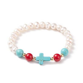 Synthetic Turquoise(Dyed) Cross & Natural Mashan Jade & Pearl Beaded Stretch Bracelet, Gemstone Jewelry for Women