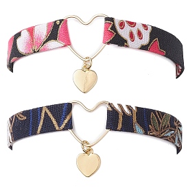 Bracelets de cheville en polyester, avec breloques cœur en laiton et anneaux de liaison en laiton